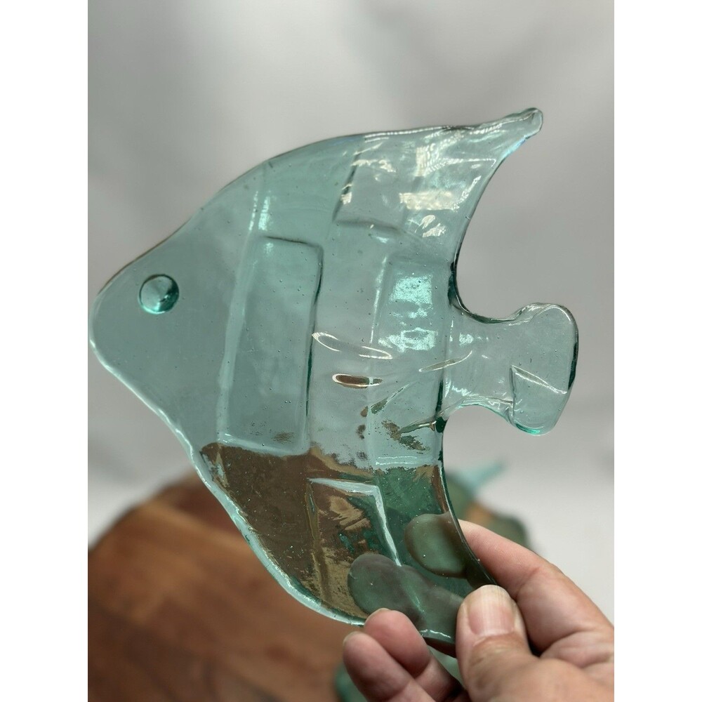 Green Fused Art Glass Flat Tropical Angel Fish Paperweight Risers 3